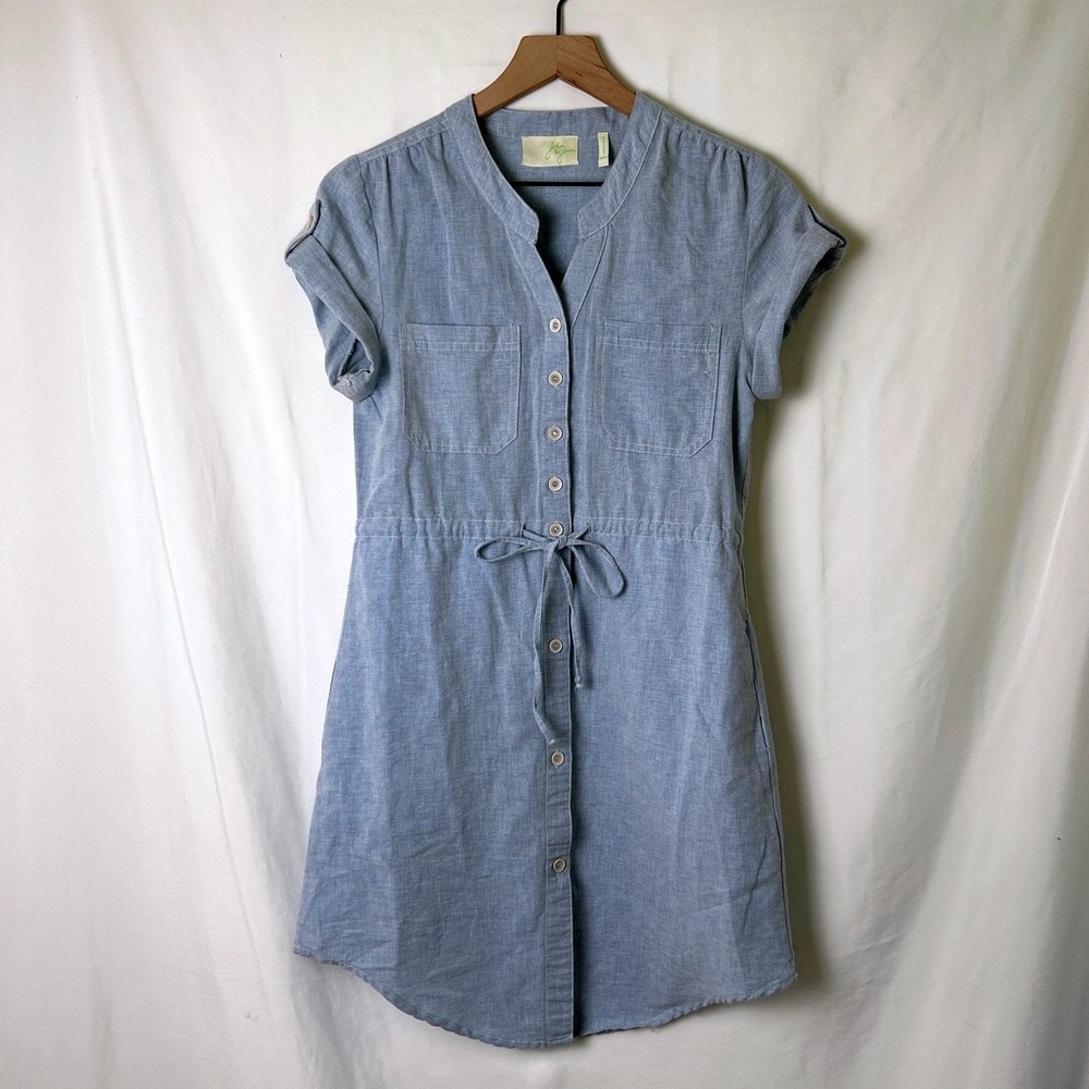 John & Jenn Womens Linen Blend Chambray Button Front Shirtdress Size XS Blue